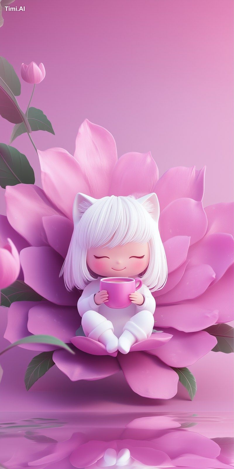 A cute little girl with white hair and cat ears sitting under huge pink…