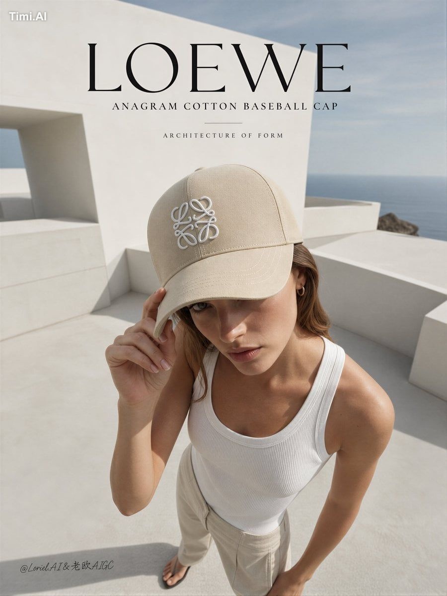 Create an ultra-premium editorial campaign poster for LOEWE featuring t…