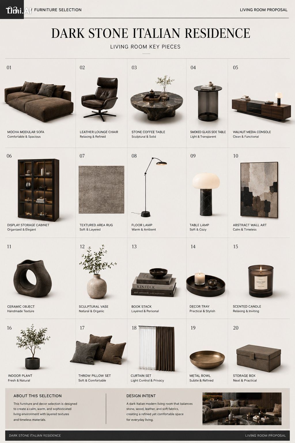 Create a four-page interior design proposal series titled “Dark Stone I… 2
