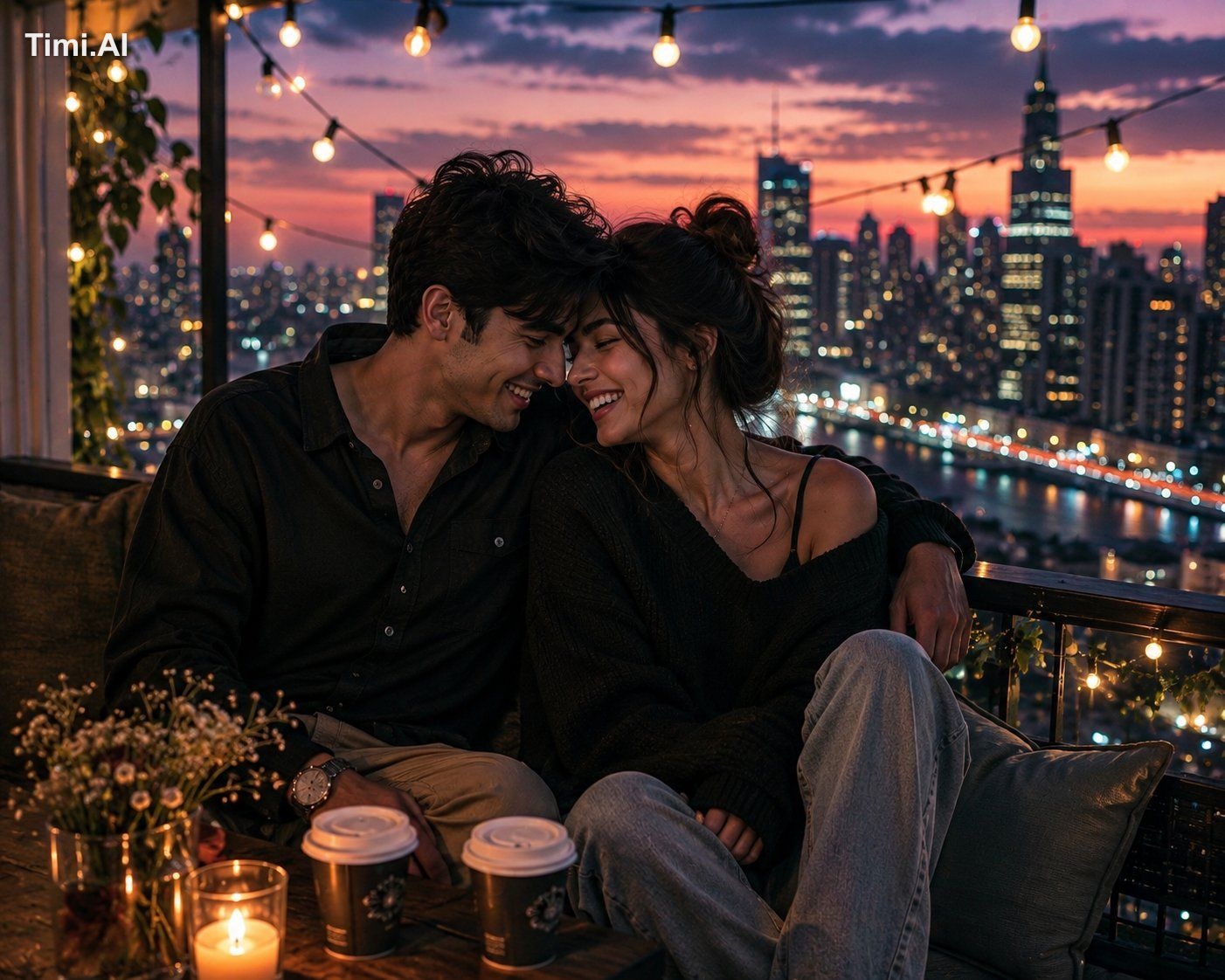 A joyful young couple laughing together while riding bicycles through a… 1