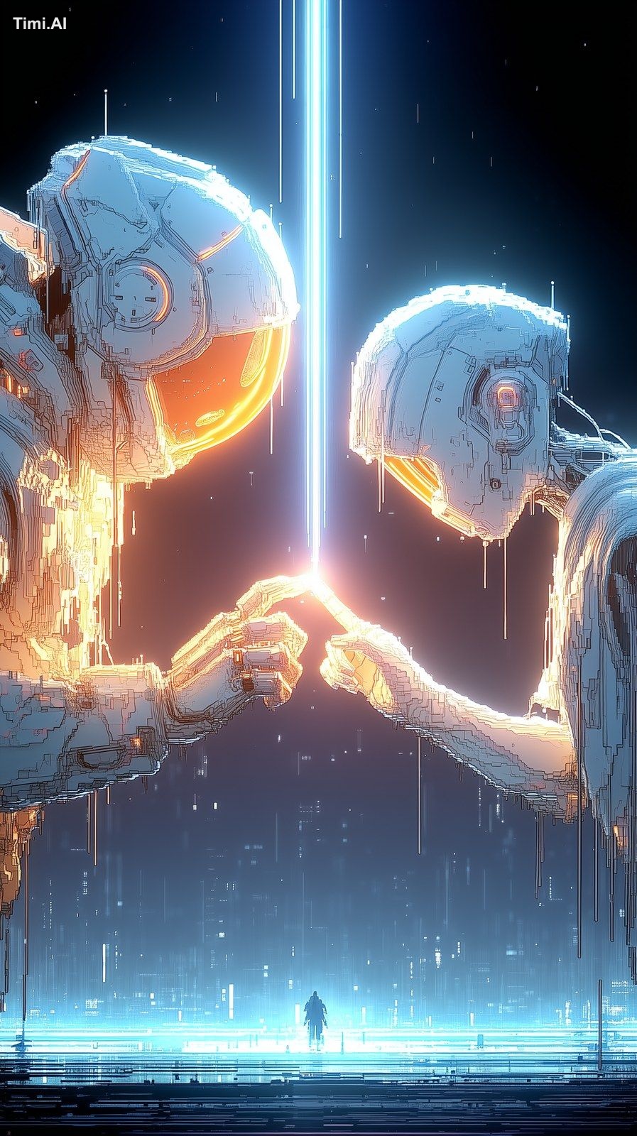 two pixelated futuristic hands reaching toward each other, pixel art st…