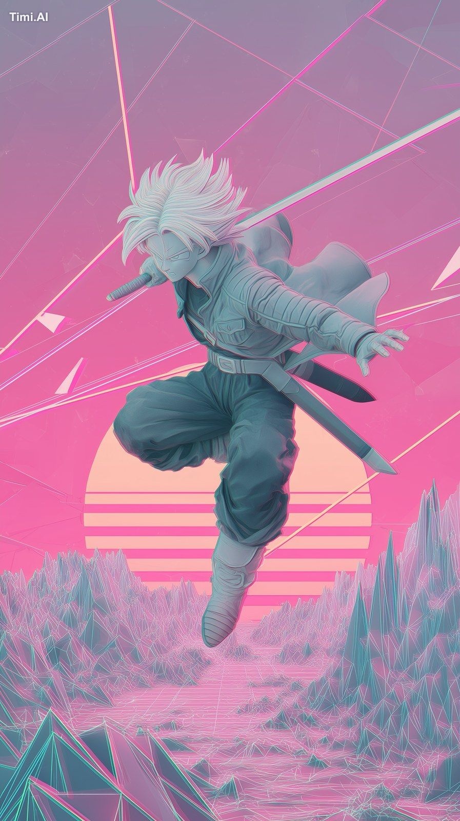Dragon Ball Z stylized vaporwave poster, Trunks leaping forward with sw…