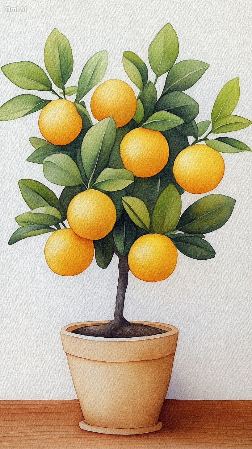 Vibrant watercolor painting of a citrus bonsai in a wooden alcove, soft…
