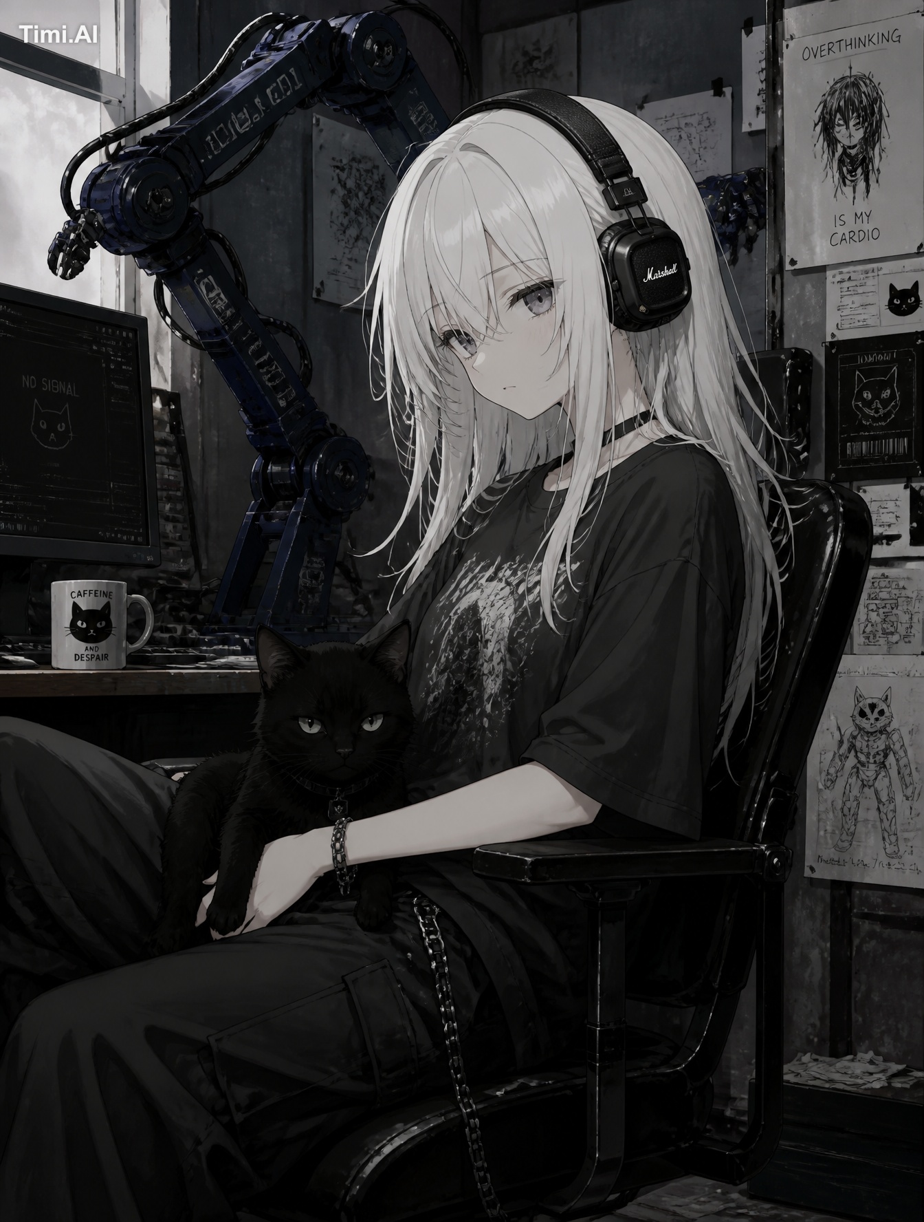 In this style, make the cat black, the color of the mechanical arms dar…