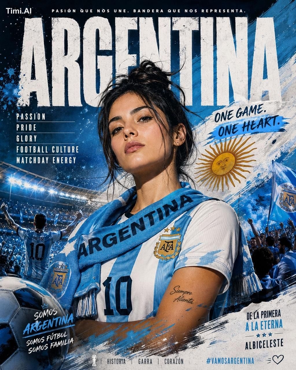 Create a cinematic football poster for Argentina national team with a p…