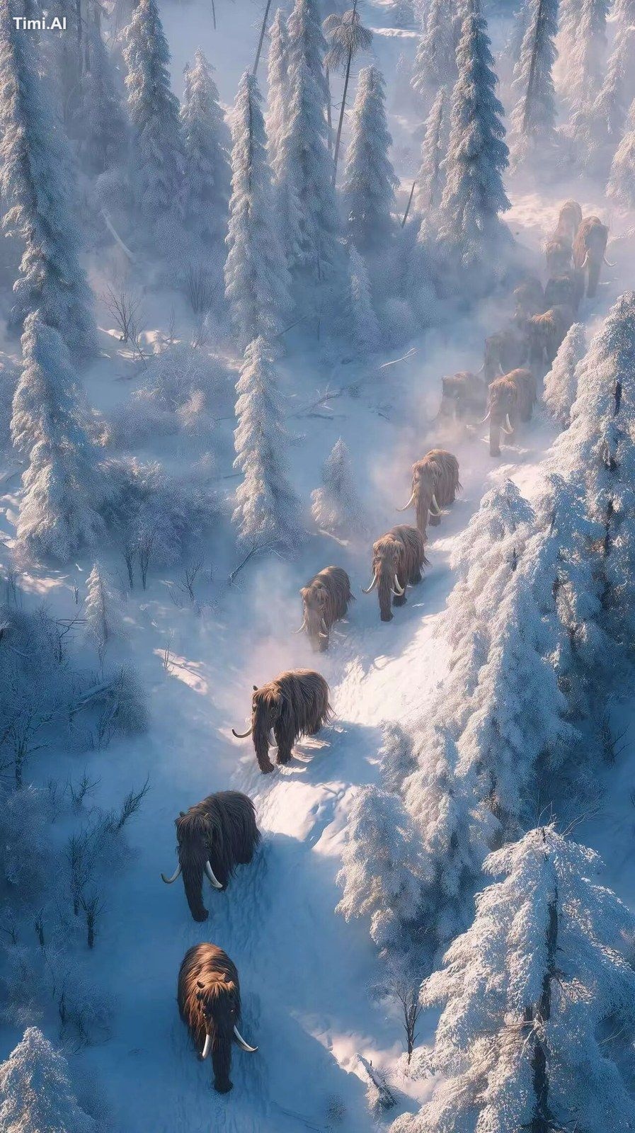 Photorealistic aerial view of a herd of woolly mammoths walking in a li…