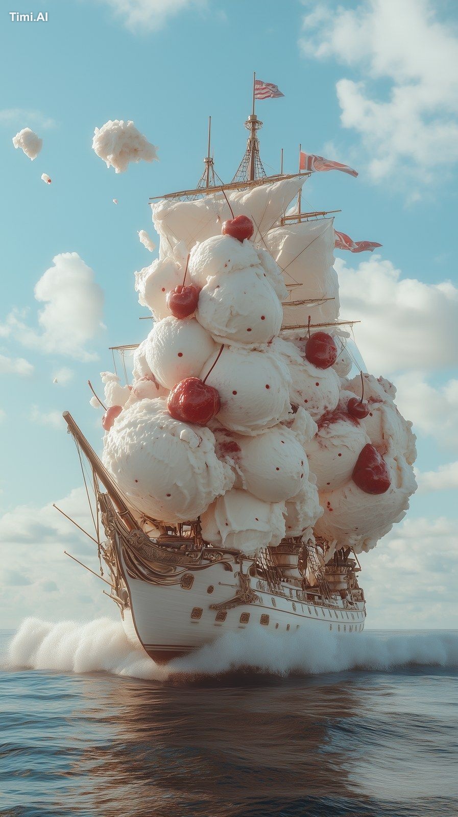 a white galleon with gigantic scoops of cherry icecream sitting in the …