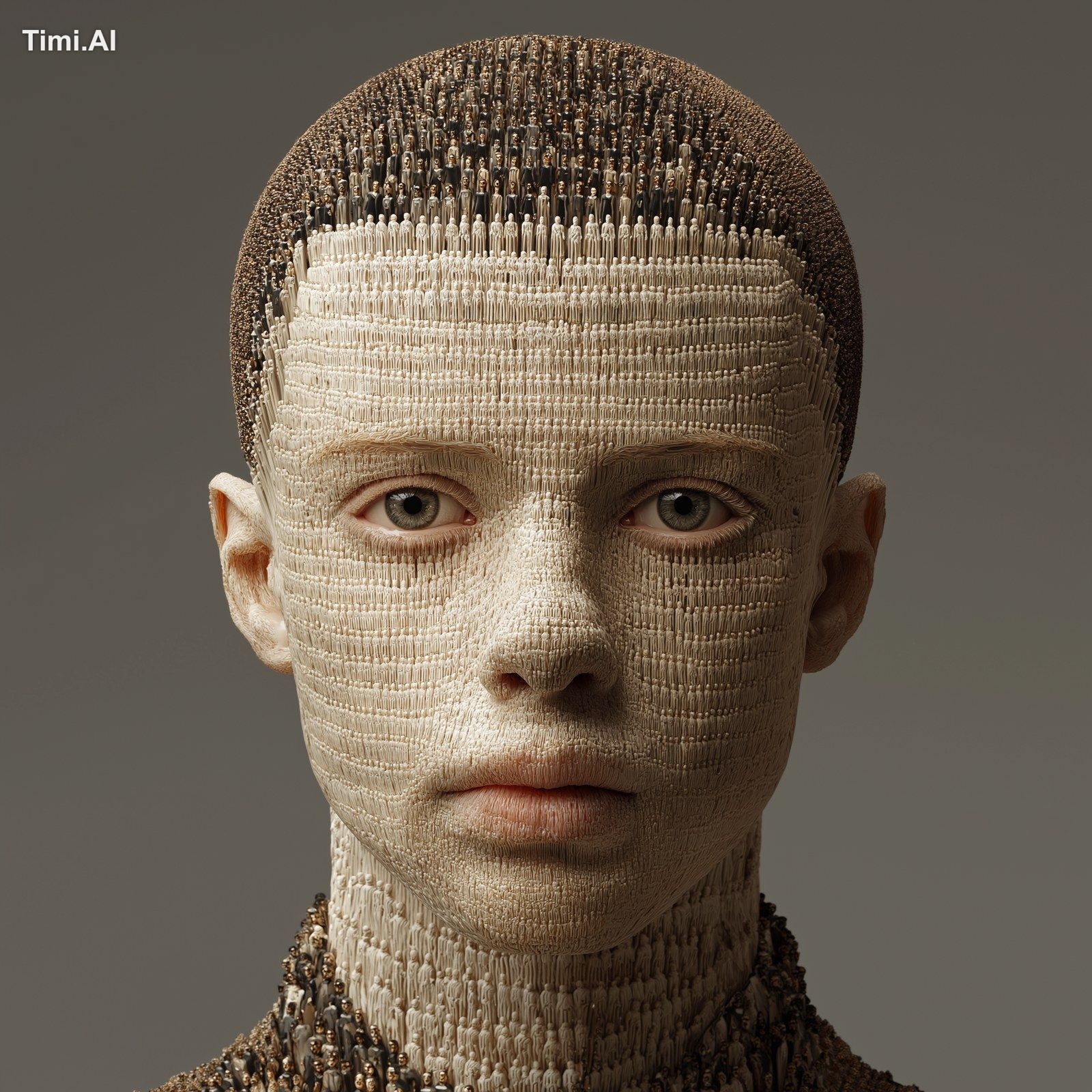 A giant photorealistic human head made up of thousands of smaller photo…