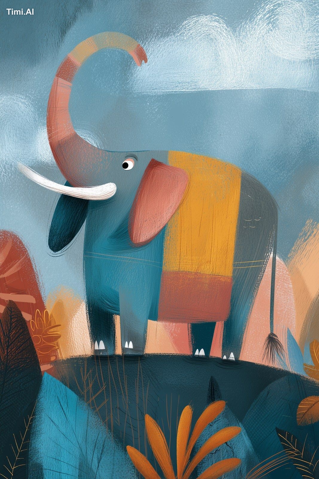 A dreamy elephant, rich in colors, in open space, a peculiar shape and …