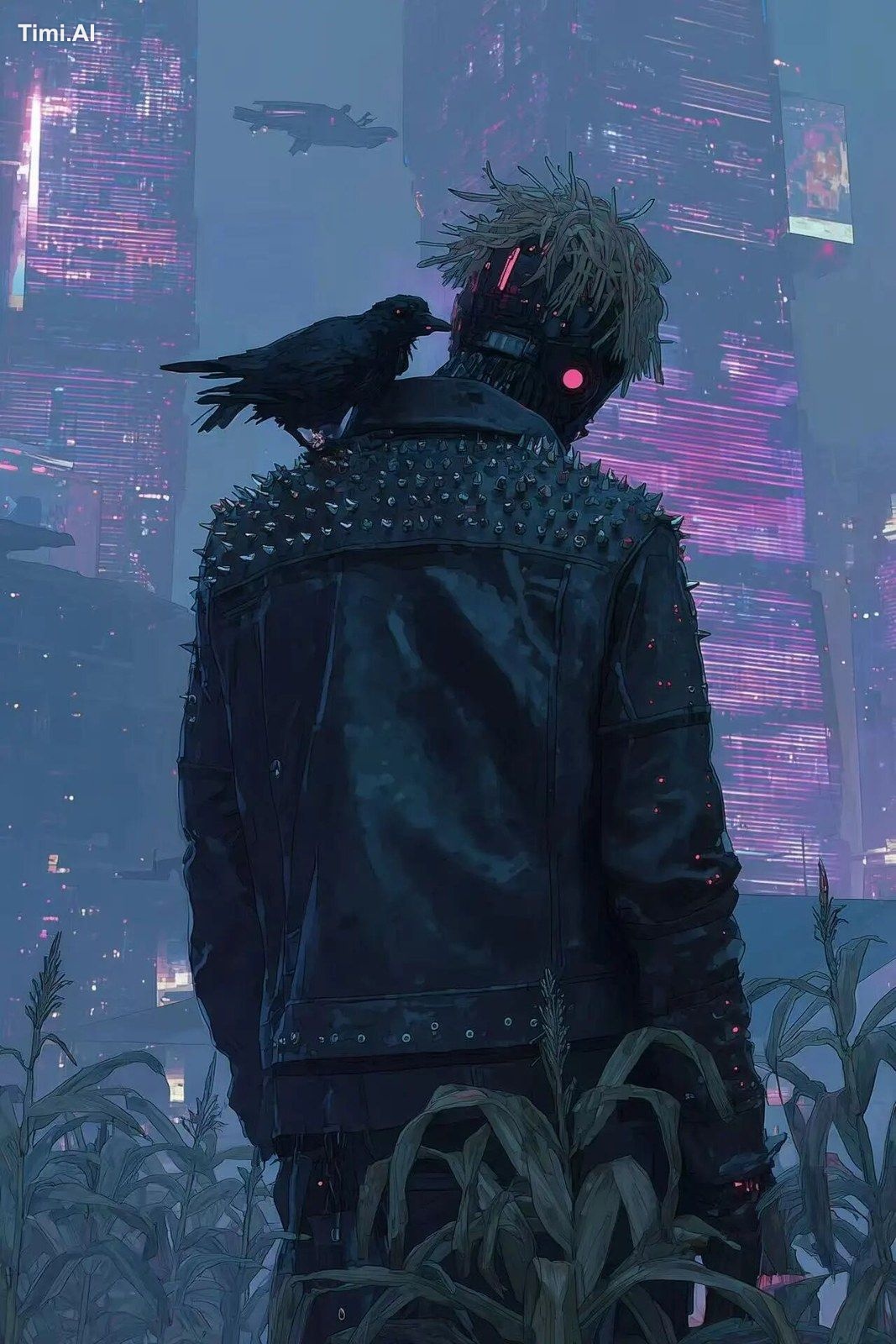 Night scene from a cyberpunk anime movie featuring a scarecrow in a hol…