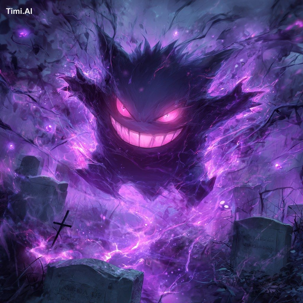 dark, highly detailed digital painting of Gengar, menacing glowing red …