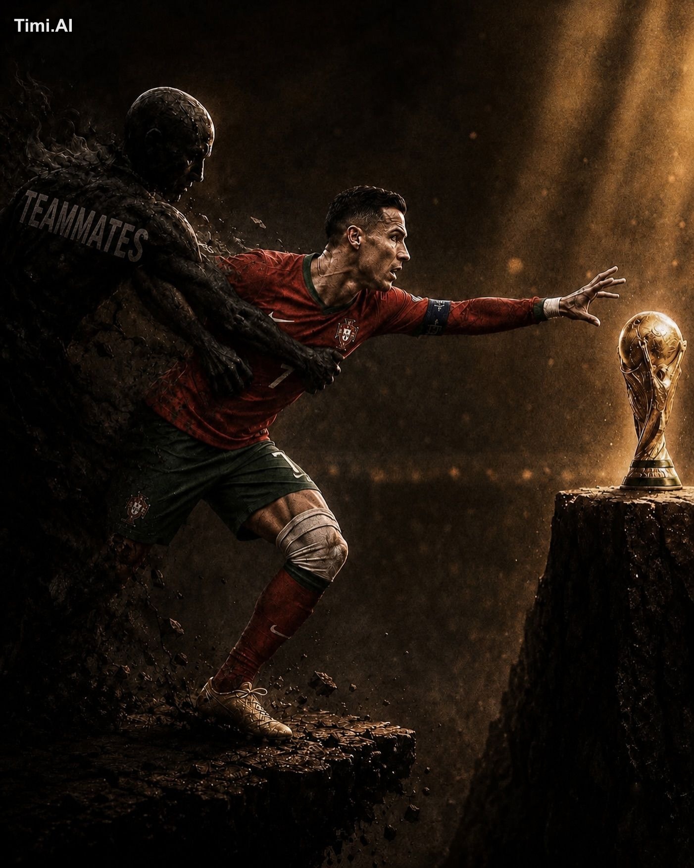 Ultra-cinematic sports key art, a legendary football captain in a red n…