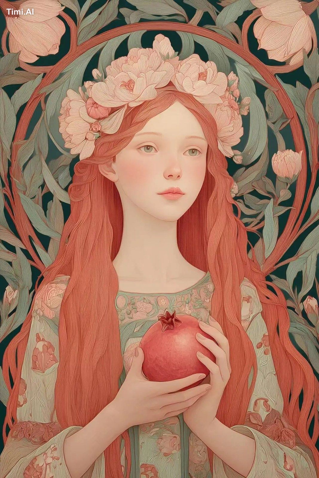 The beautiful goddess Persephone with long red hair holds a pomegranate…