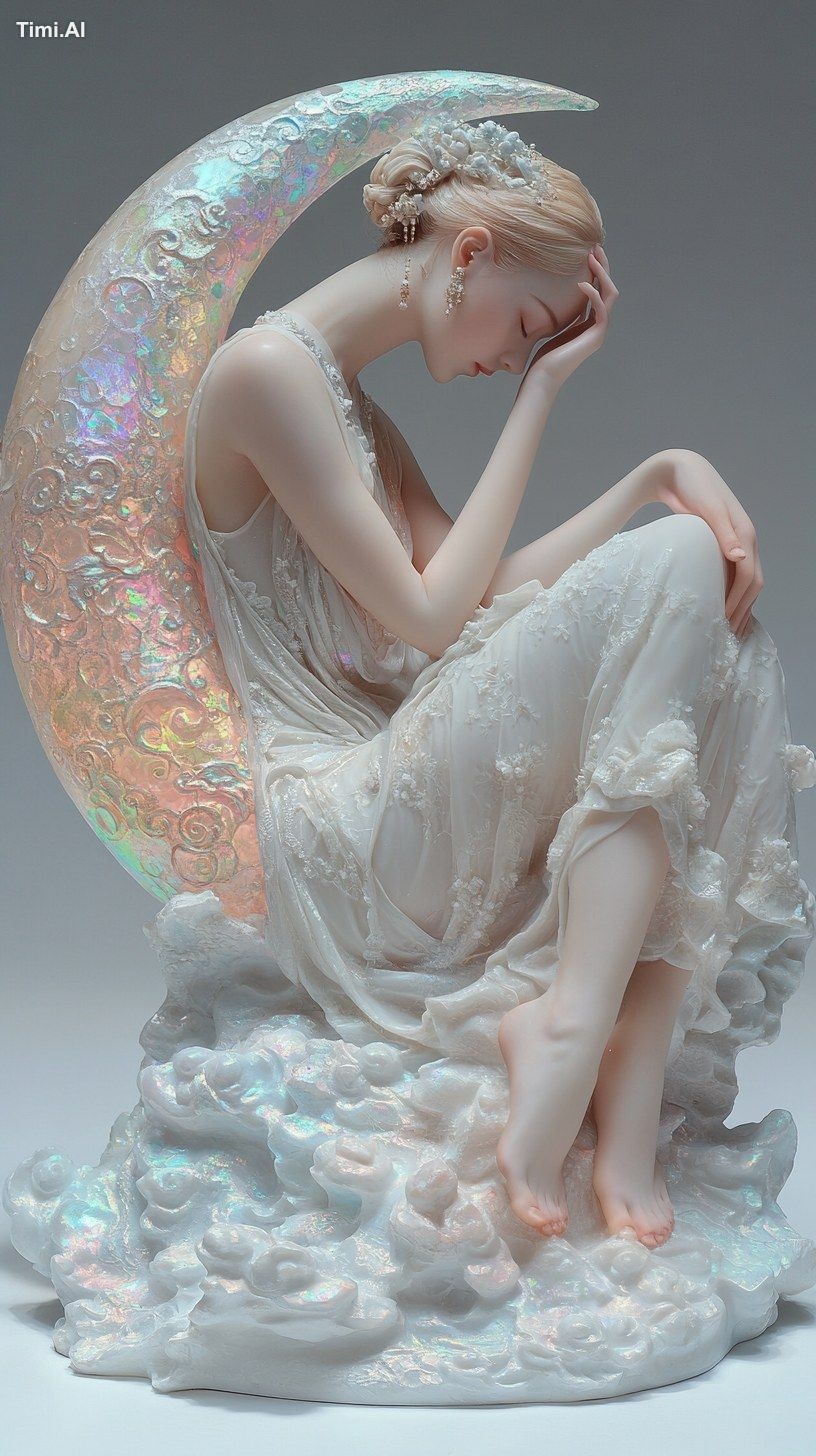A slender and beautiful Chinese woman sleeps on a huge crescent moon,Op…