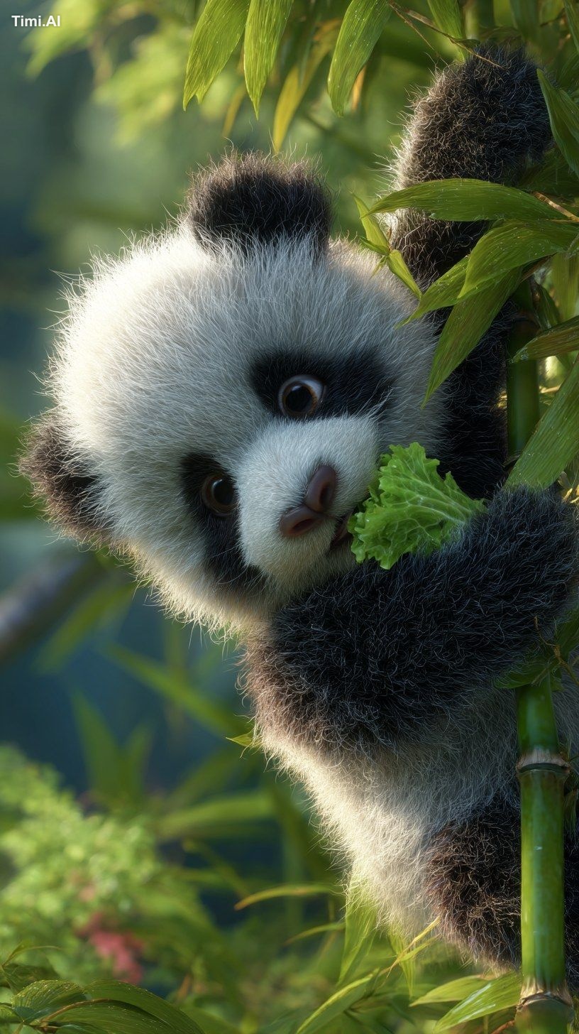 A playful panda hanging upside down from a bamboo stalk in a lush bambo…