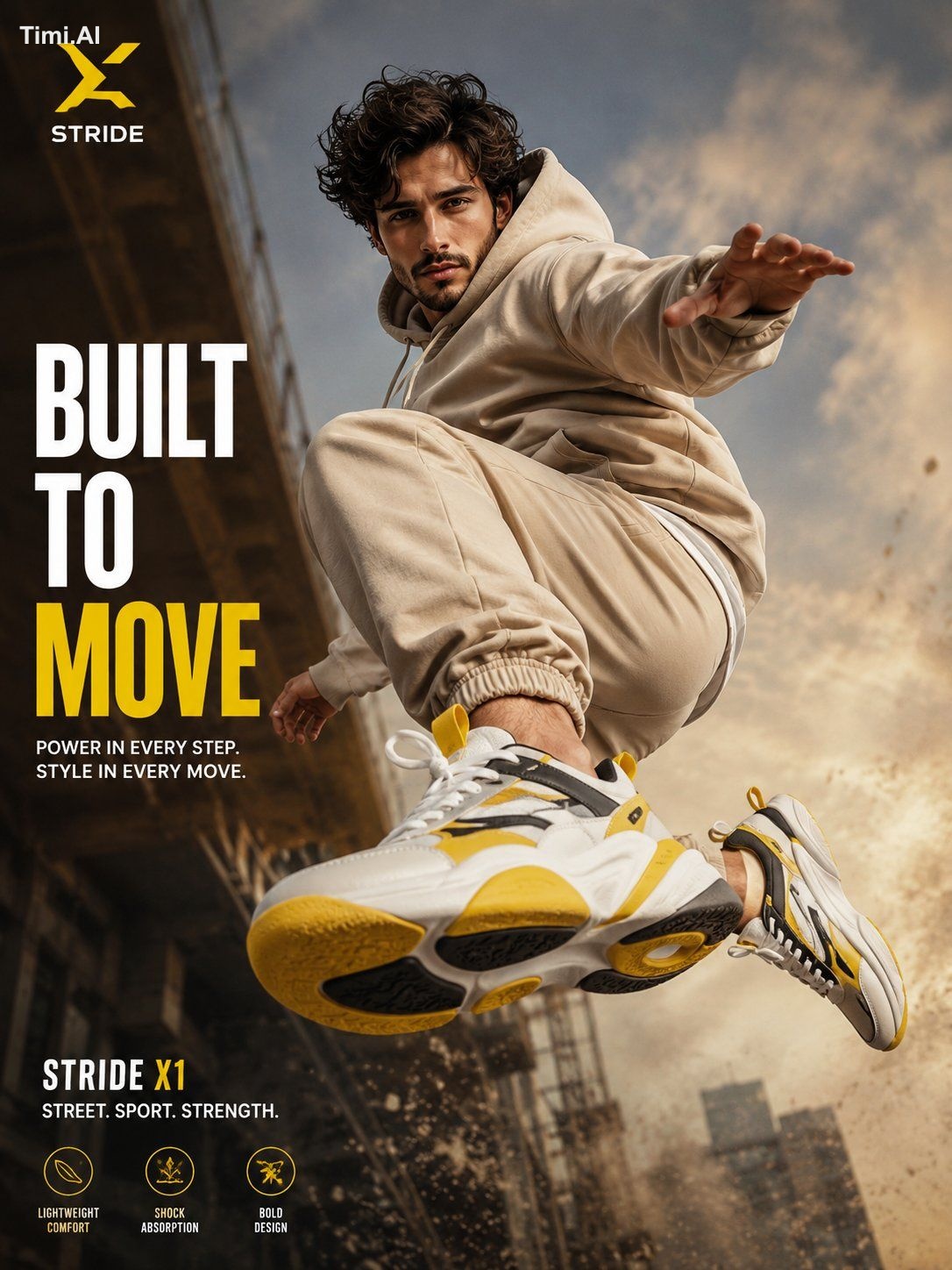 A cinematic, high-end sneaker advertisement poster featuring a young ma…