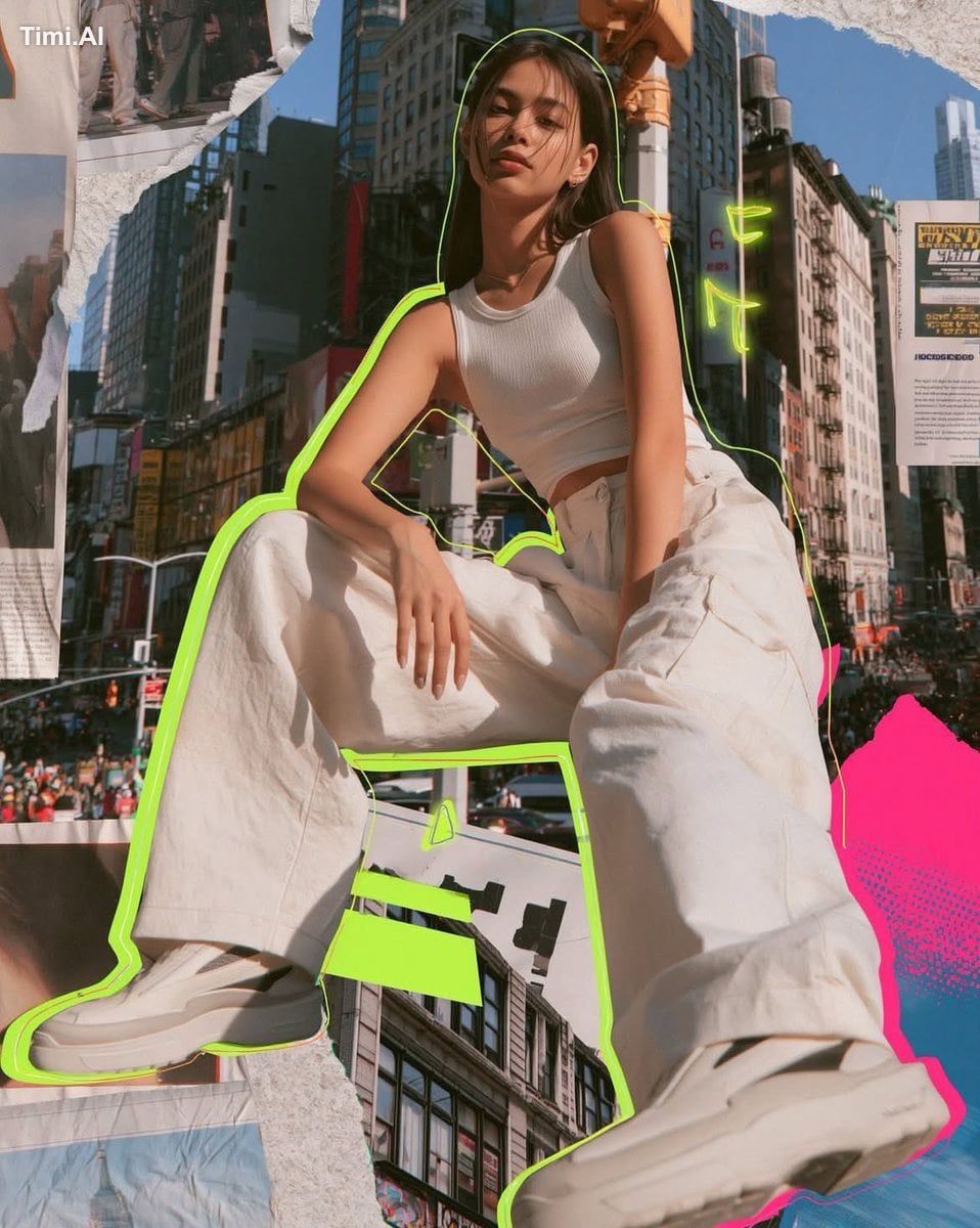 Photorealistic mixed media fashion collage of a cool young woman in a m…