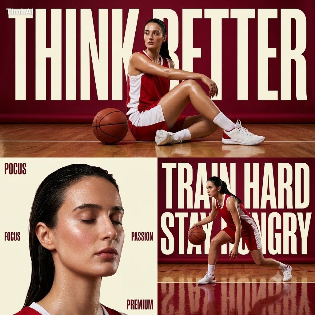 Ultra-premium sports editorial poster collage of a powerful female bask…