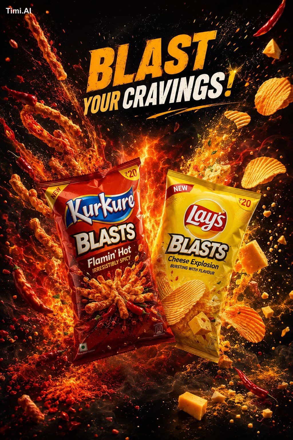 Ultra-premium snack advertising poster featuring Kurkure Blasts and Lay…