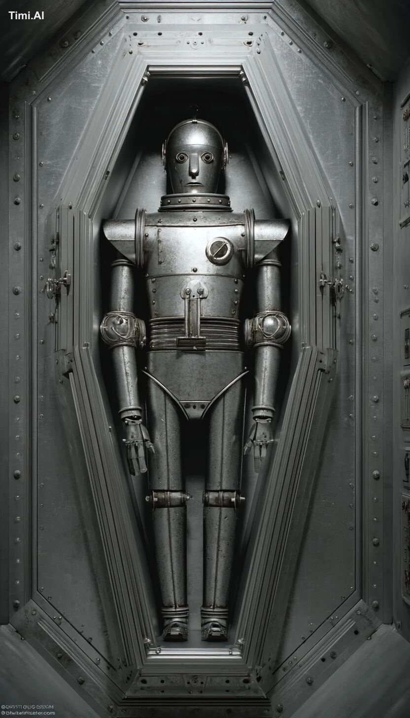 the tin man from "the wizard of oz" inside an iron coffin, with a close…