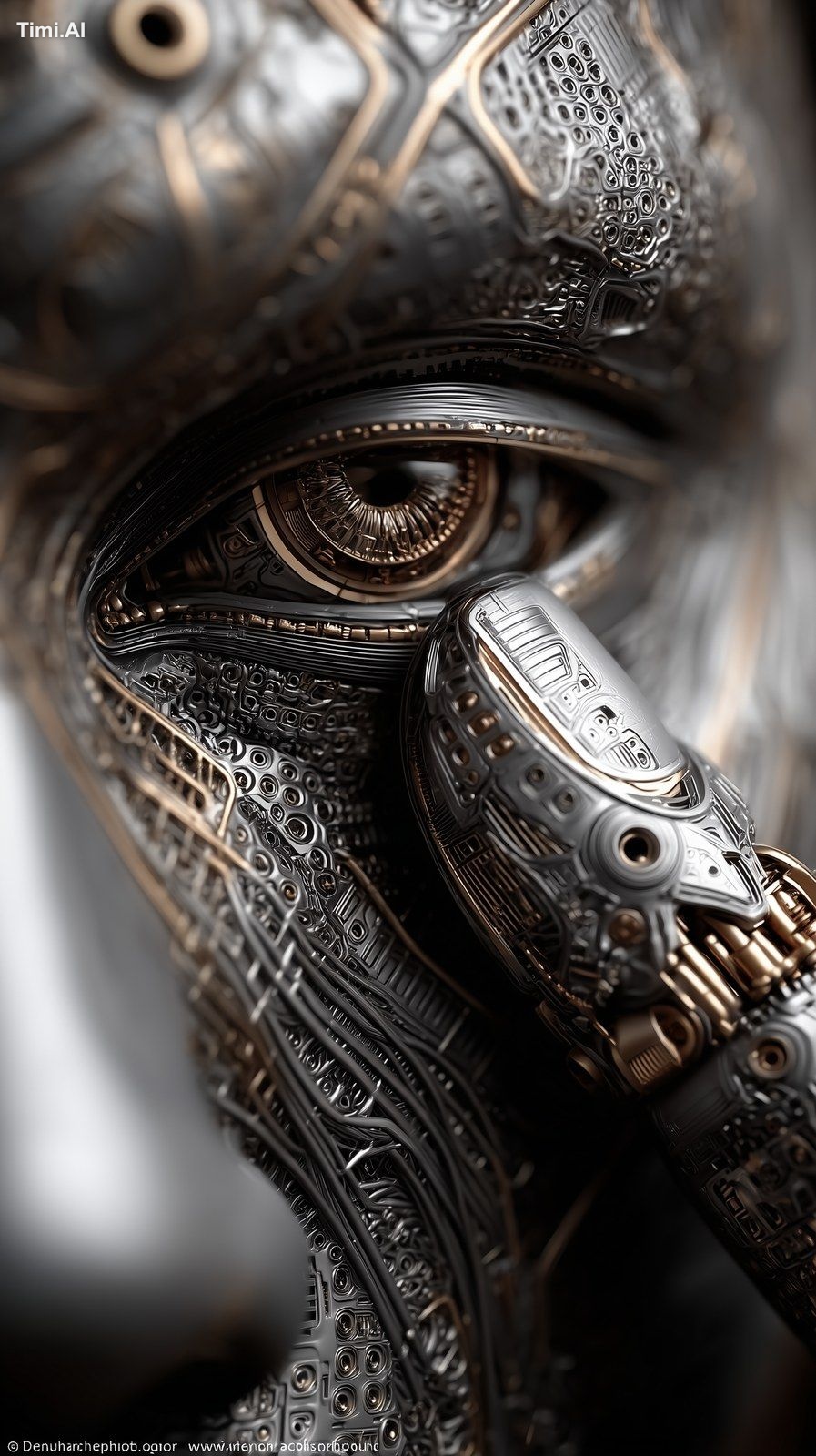 The ultra-realistic photo should show an AI robot looking mysteriously …