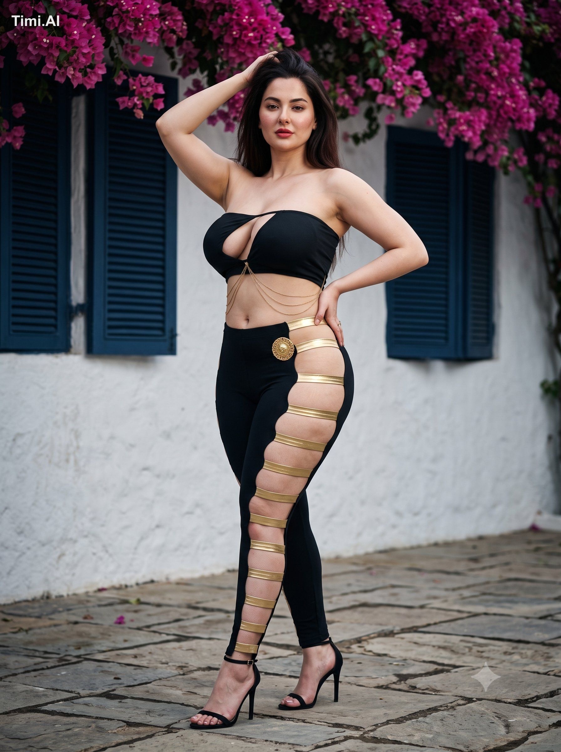 A detailed full-body portrait of a confident woman with dark wavy hair,…