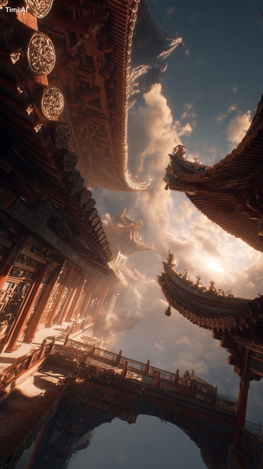 A grand low-angle view looking up at a magnificent Chinese palace float…