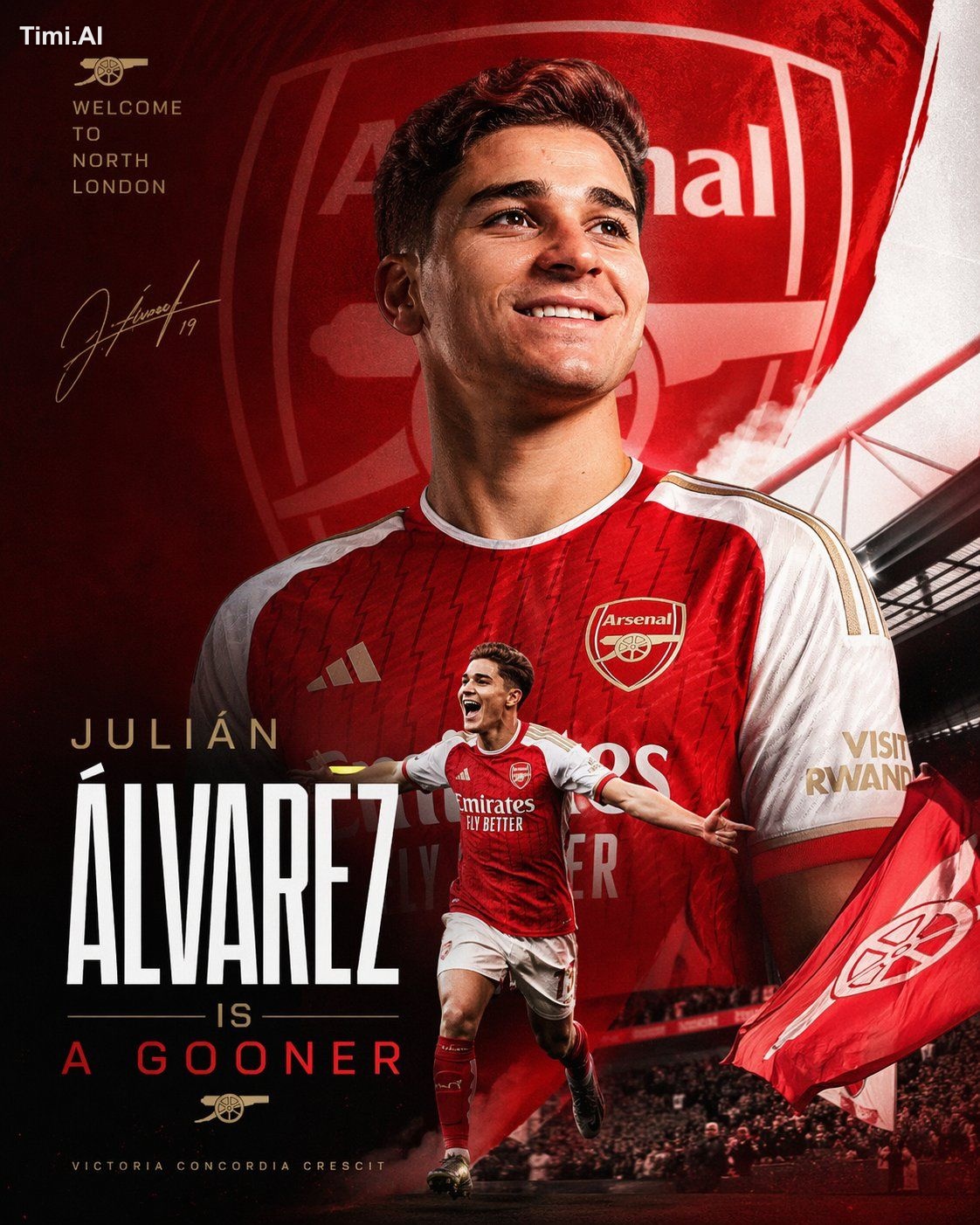 Create a poster, a design of Julián Álvarez signing for [club name = Ar…