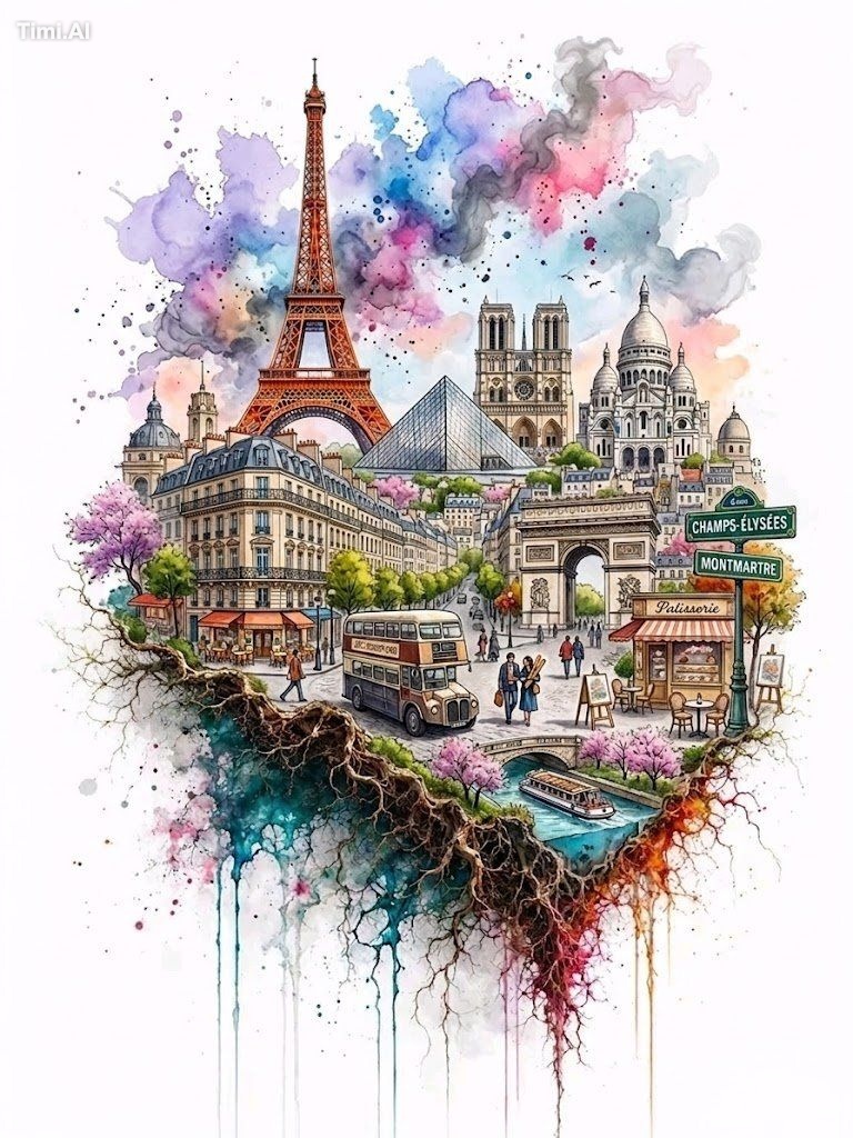 Create a vibrant mixed-media watercolor and ink illustration of [LOCATI… 1