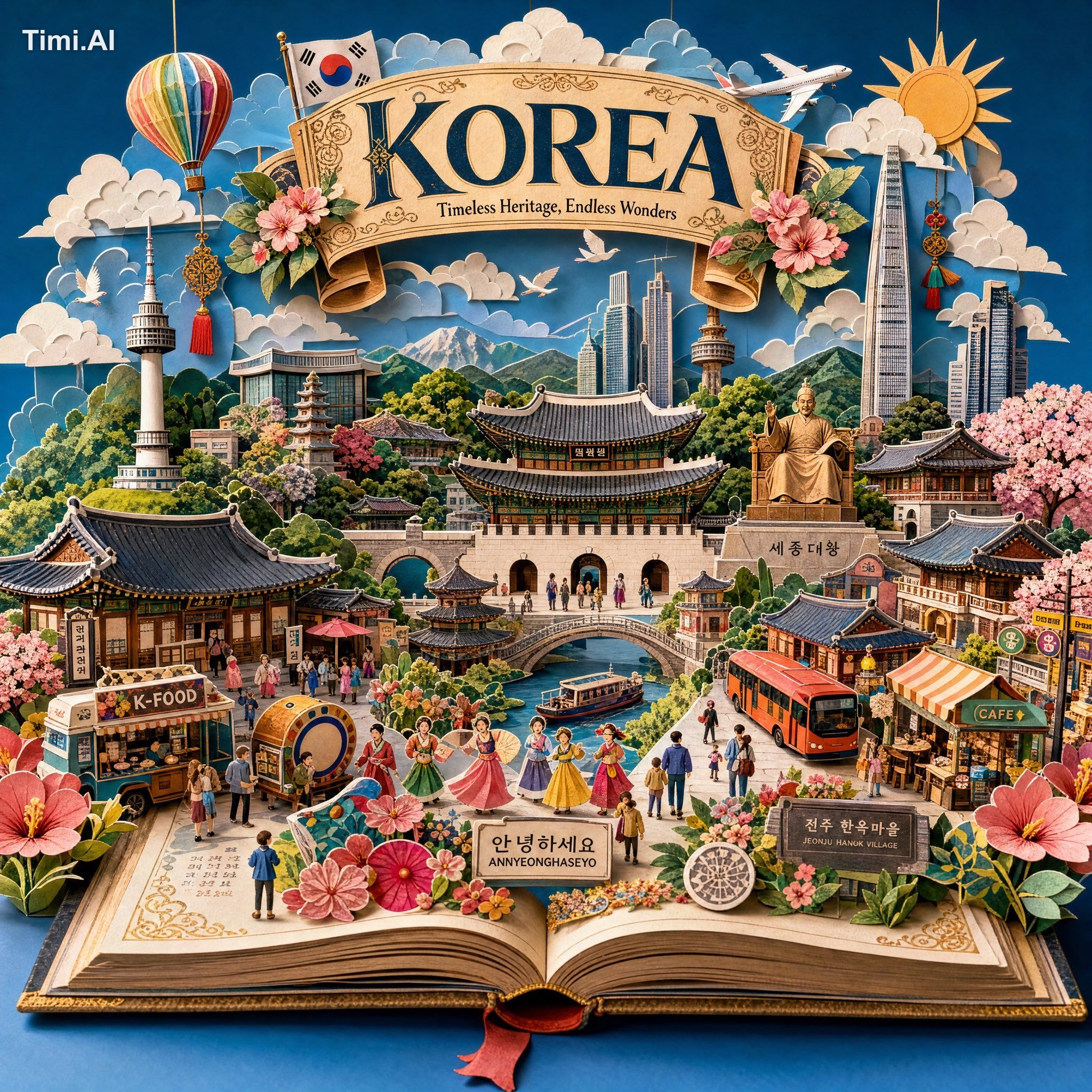 Create an ultra-detailed handcrafted 3D pop-up storybook travel illustr…