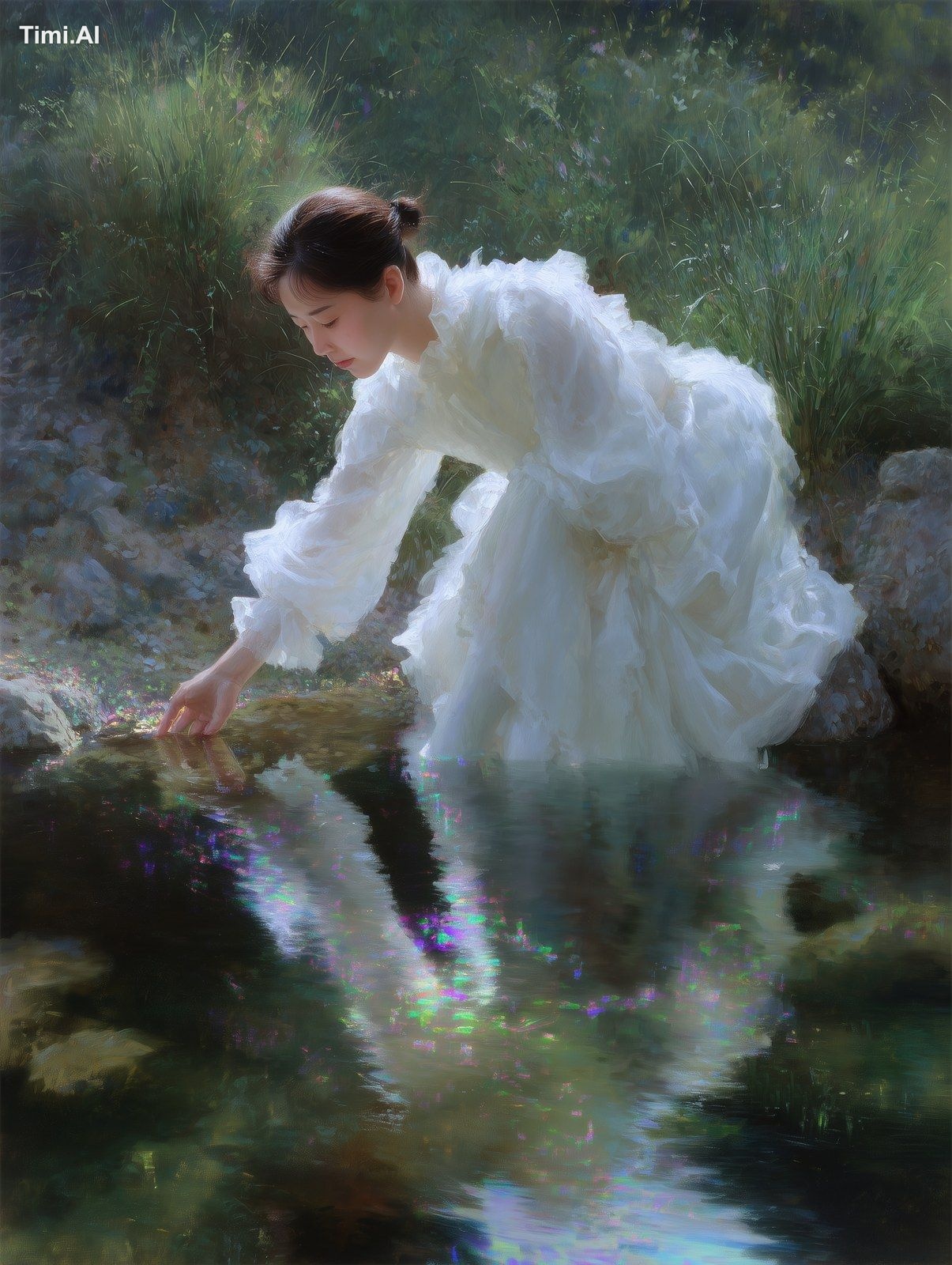An ethereal, impressionistic oil painting: a serene Korean middle-aged …