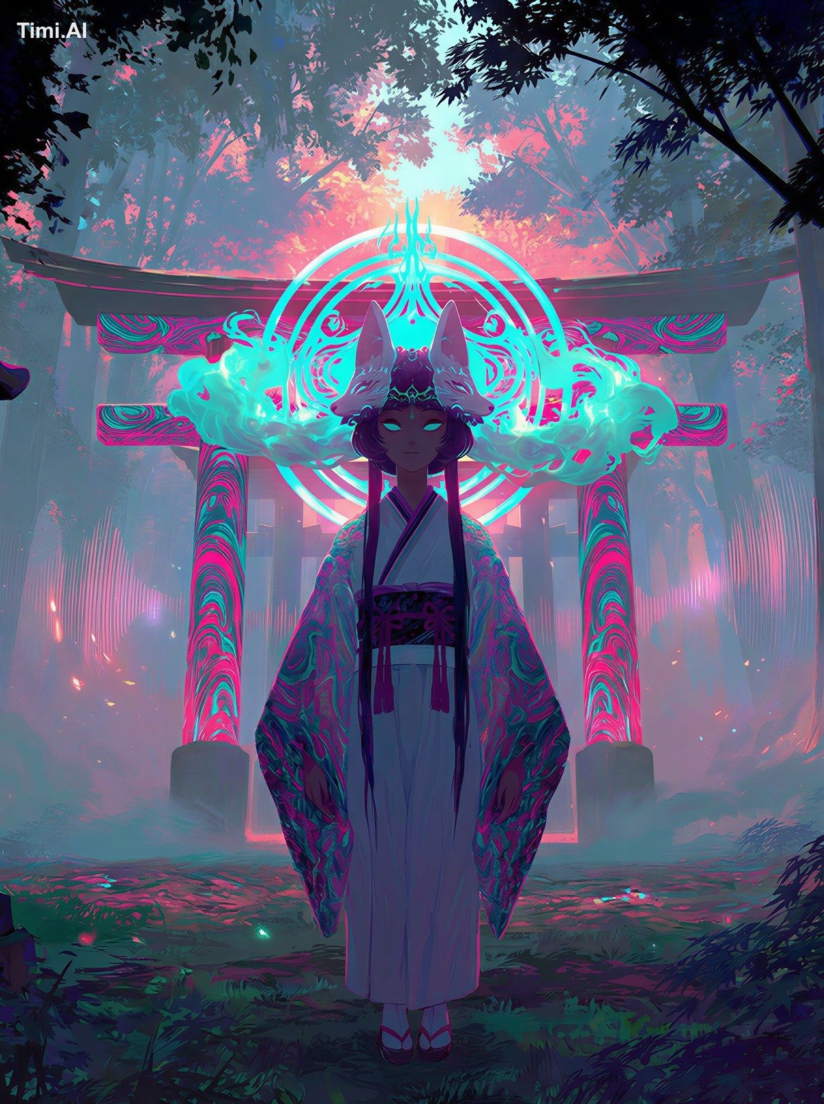 anime style, a psychedelic Japanese fox priestess standing in front of …
