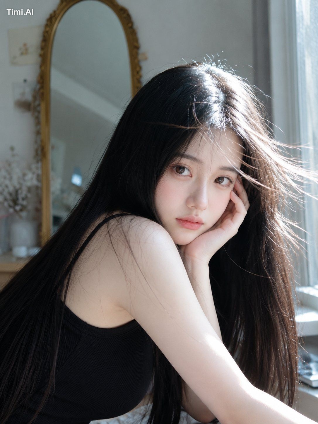 A beautiful young East Asian woman with long, straight, silky black hai…