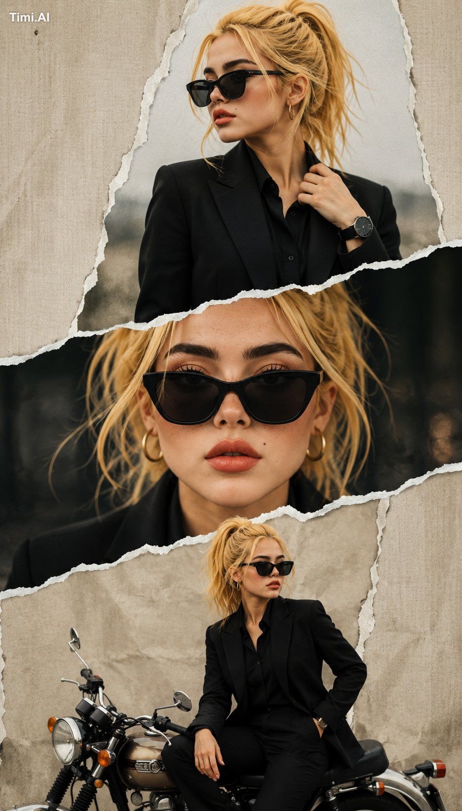 Create a premium cinematic torn-paper collage featuring the same blonde…