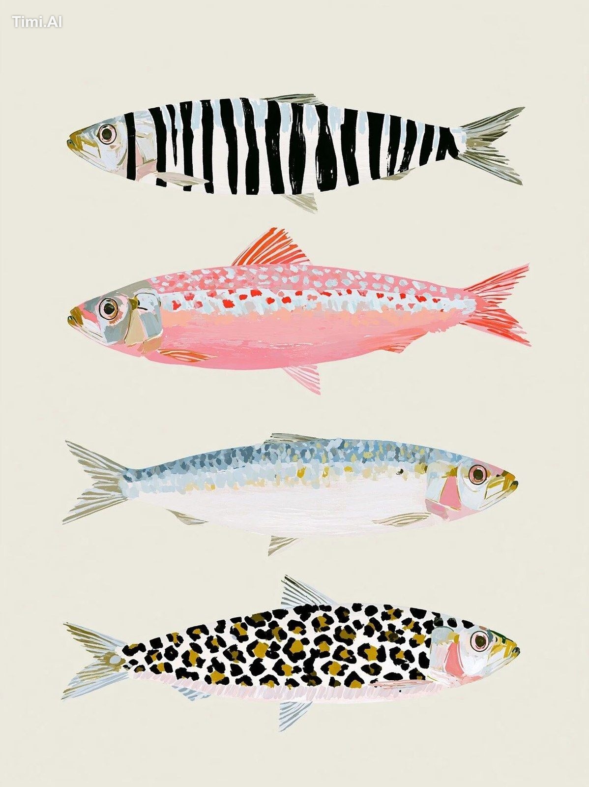Minimalist vector of three different sardines: one with zebra stripes a…