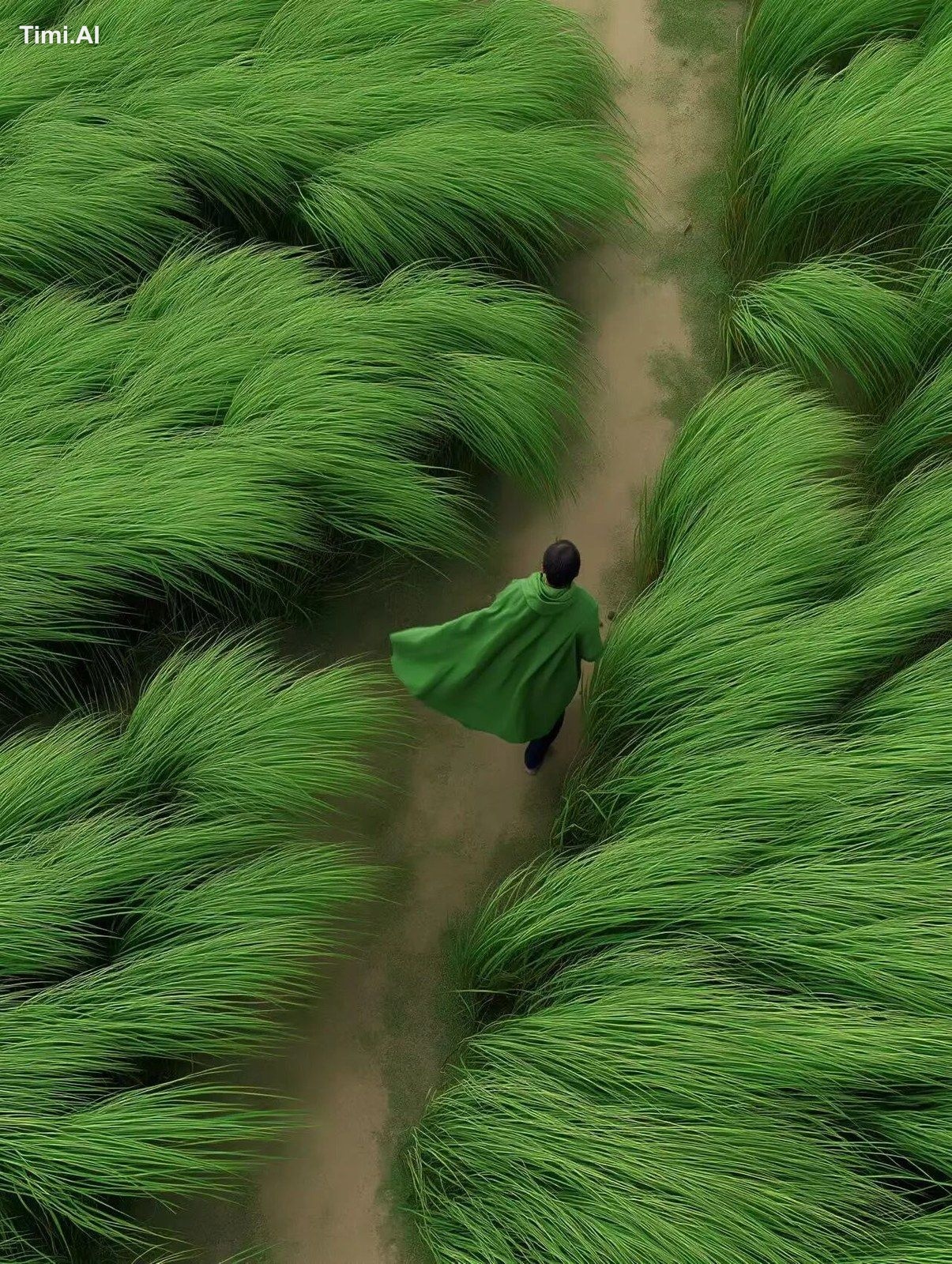 cinematic aerial photo of a man walking along a narrow path through tal…