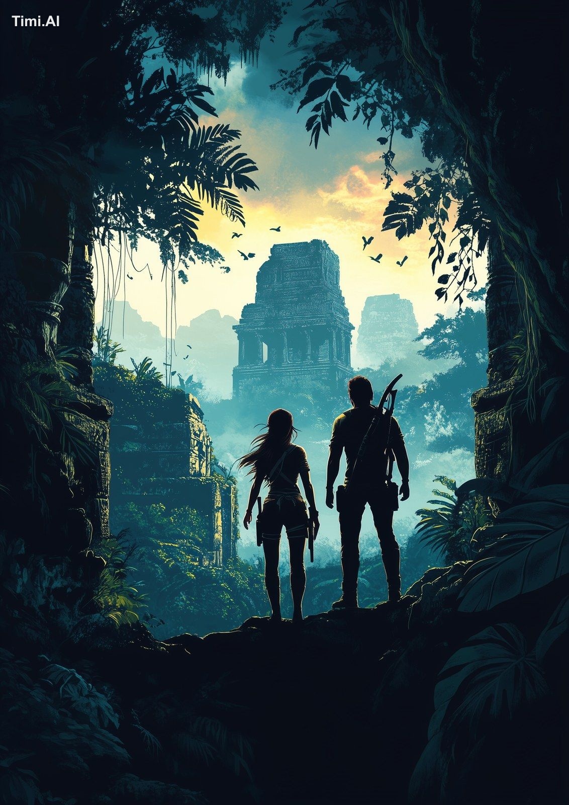tomb raider 20s style poster with dark silhouettes of woman and man, ra…