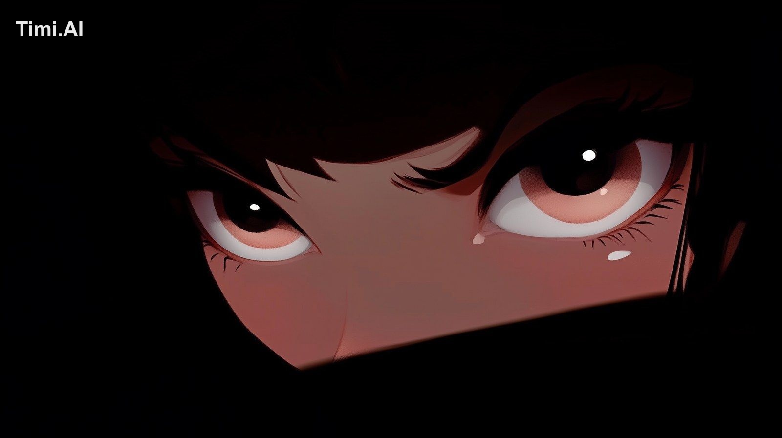 A close-up of a character's eyes in the darkness, with only one light s…