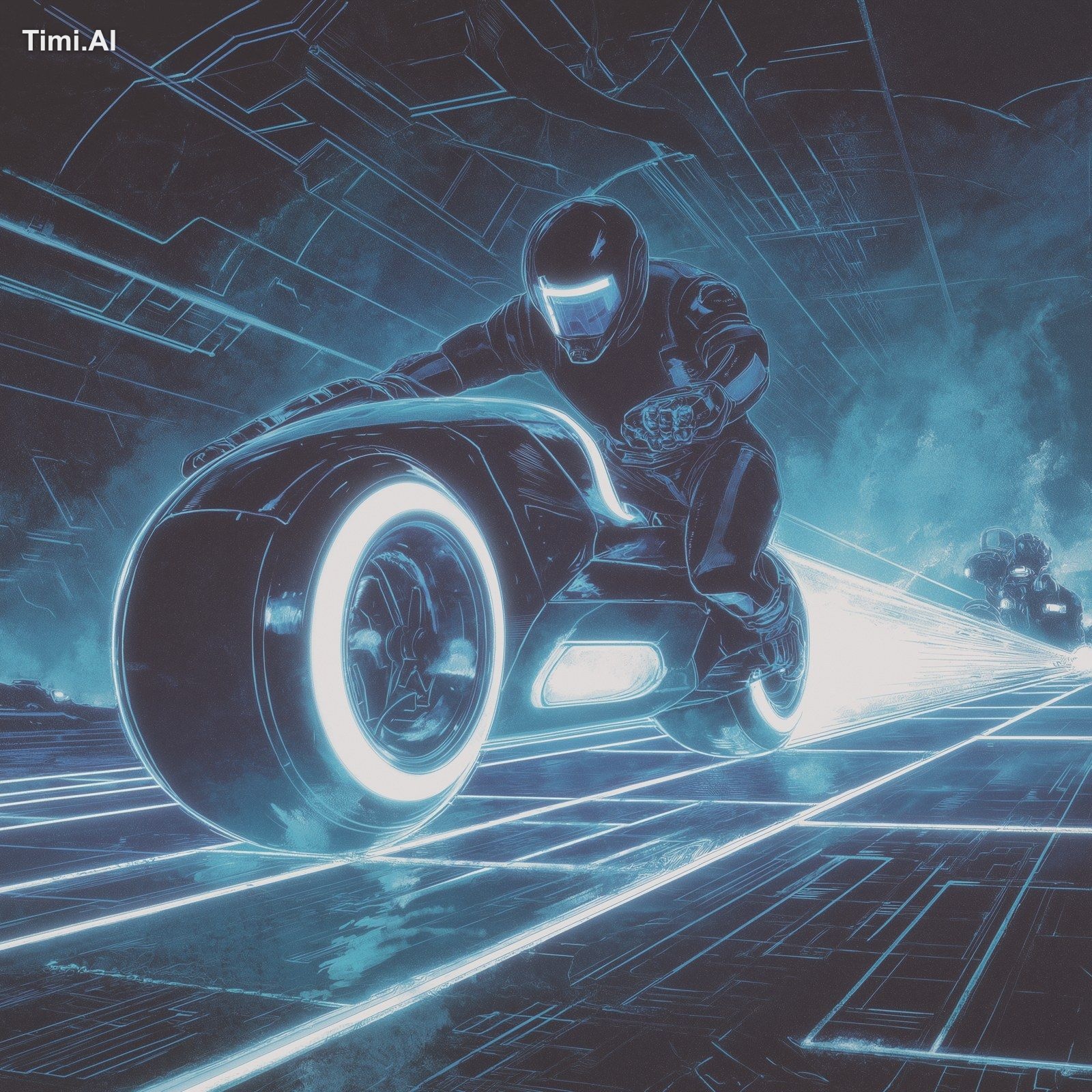 An epic cinematic sci-fi movie poster of a sleek futuristic lightcycle …