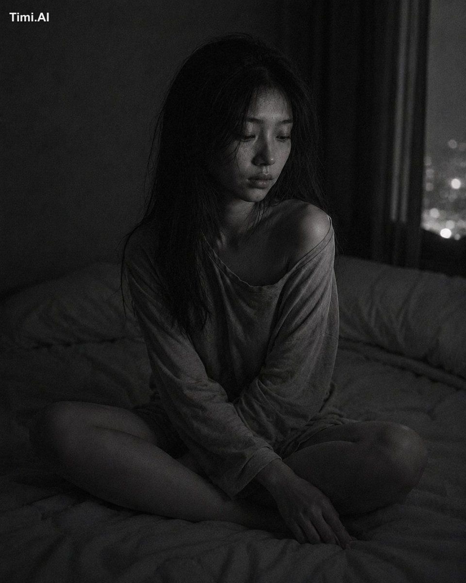 Medium close-up portrait, 85mm f/1.4, a young East Asian woman in her e… 3