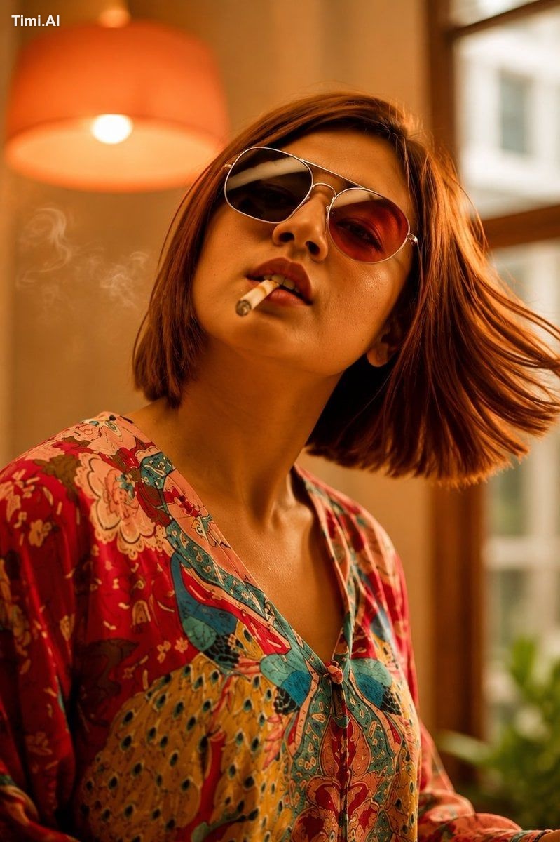 Creative fashion editorial concept, young woman wearing matching landsc…