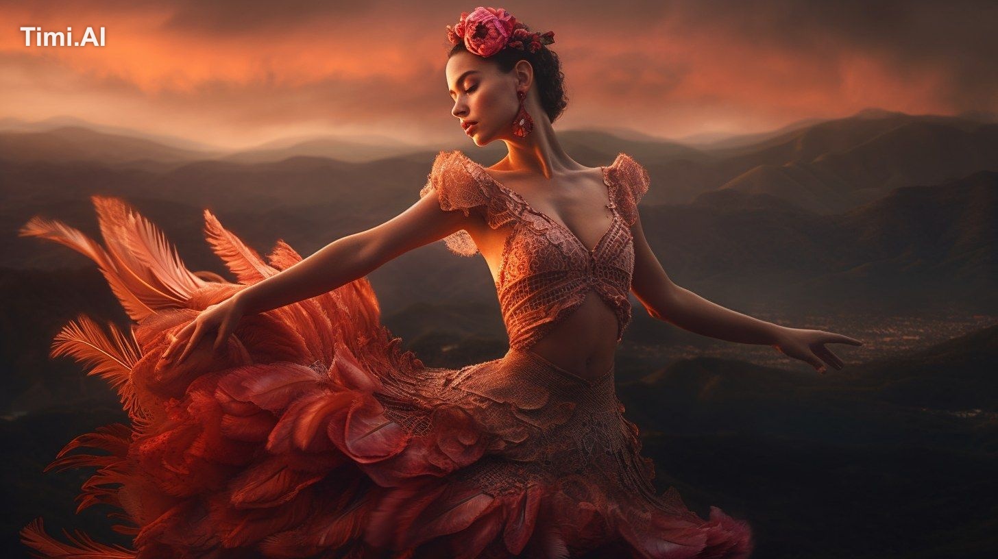 A young and strikingly beautiful flamingo dancer is executing the flame…
