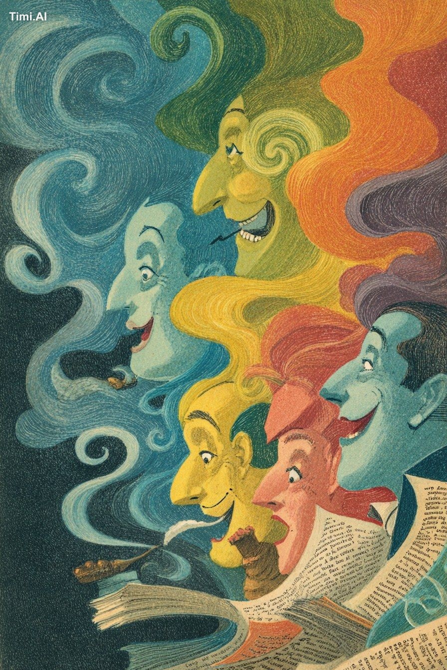 funny illustration from 1920 Poland, poetry pages, colorful smoke, laug…