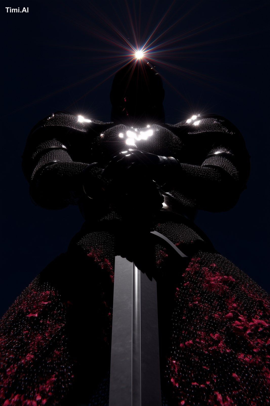 Prompt: "A towering chrome knight viewed from worm’s-eye perspective gl…