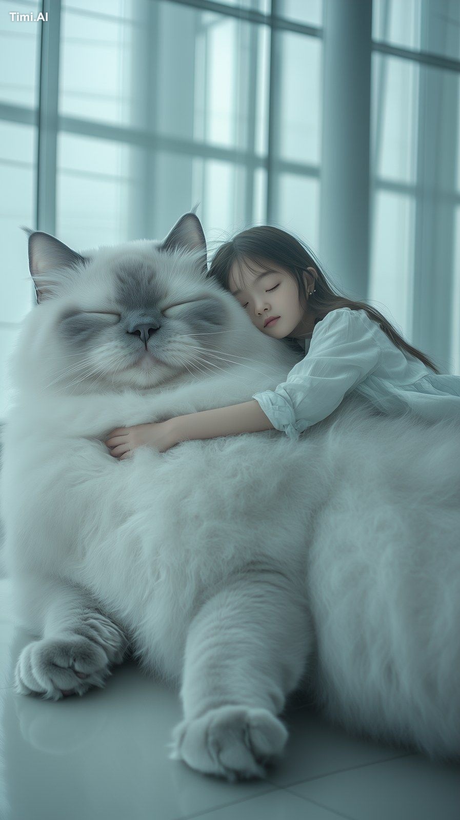 The scene is in Shanghai, with a giant pure gray Ragdoll cat lying on t…