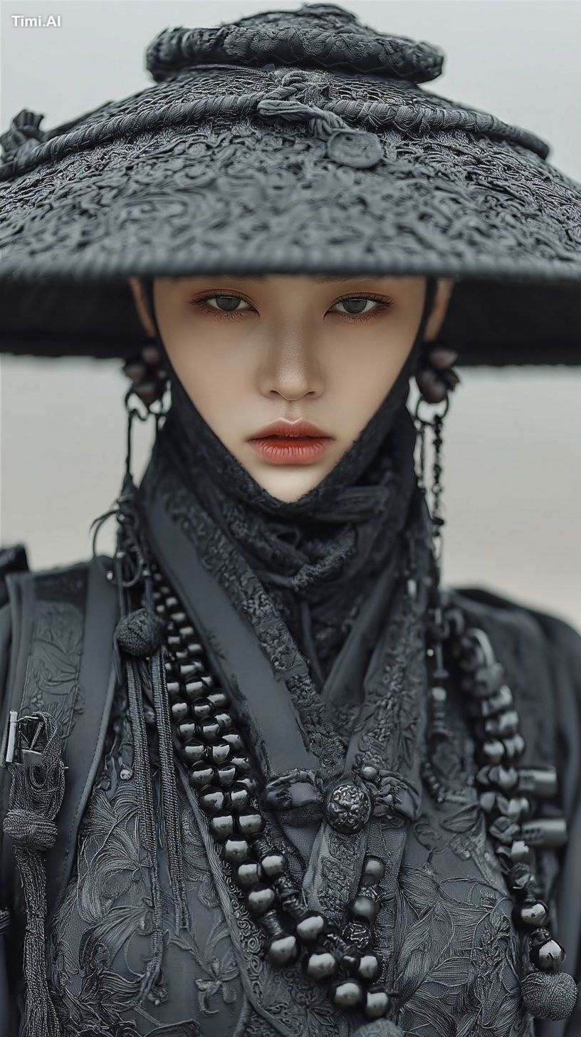 In the thick fog, a young supermodel, wearing black Chinese Ming Dynast…
