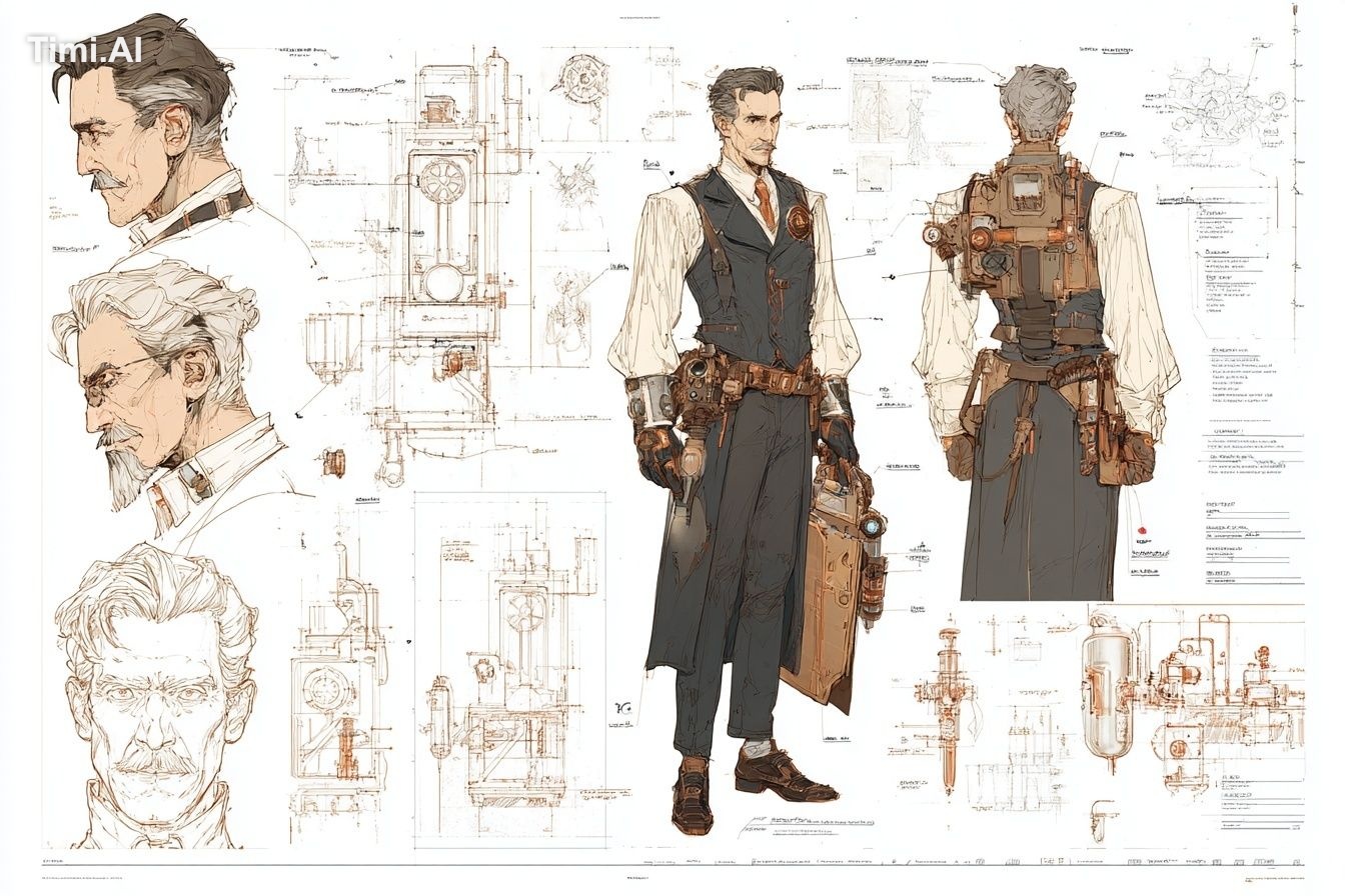 A character concept sheet of a [character], featuring detailed front, b… 3