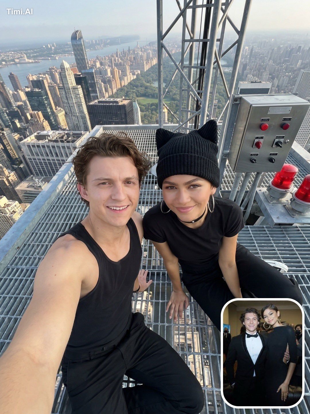 A hyper-realistic, ultra-detailed rooftop selfie on the top maintenance… 1
