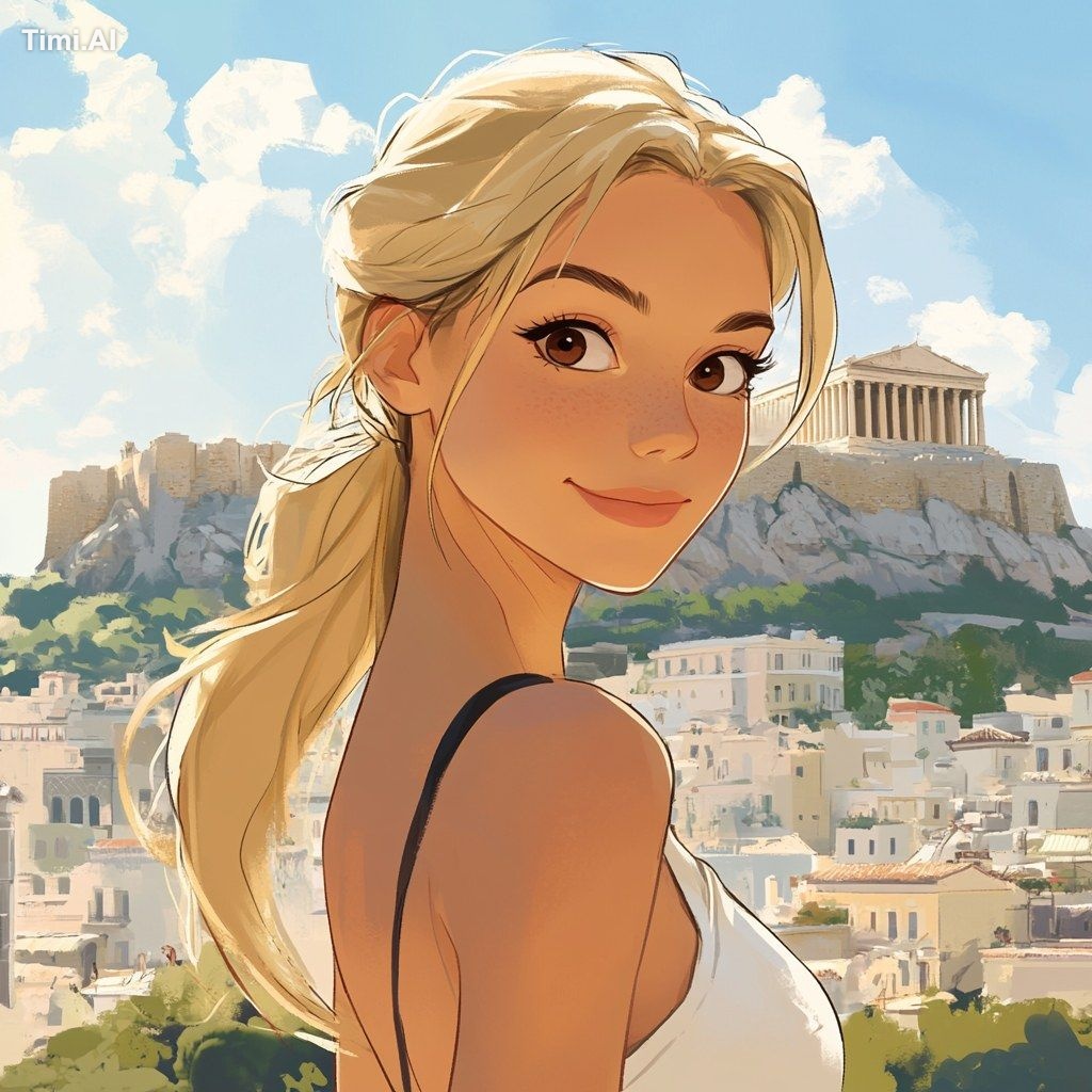 Illustration style, old Disney 2d, a Young blonde Woman with brown eyes…