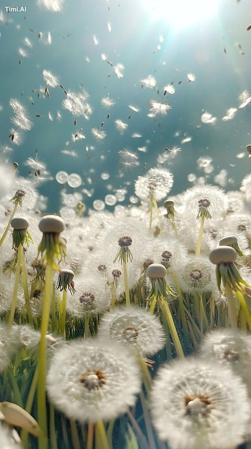 A close-up of dandelions,a sea of dandelion flowers,with some seeds flo…